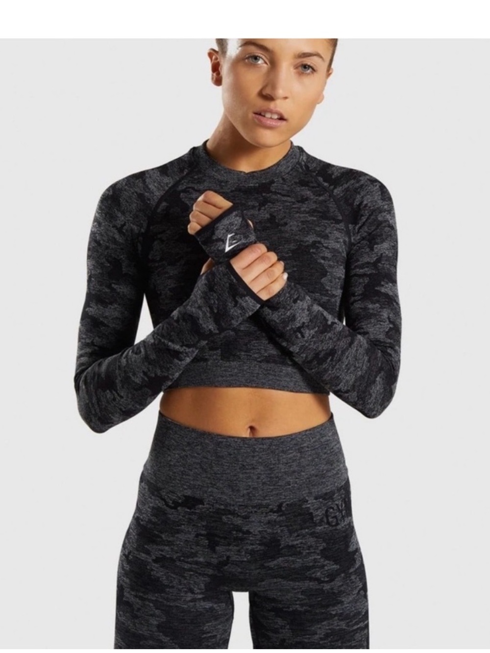 Seamless Charcoal Camouflage Long-Sleeve Crop Top